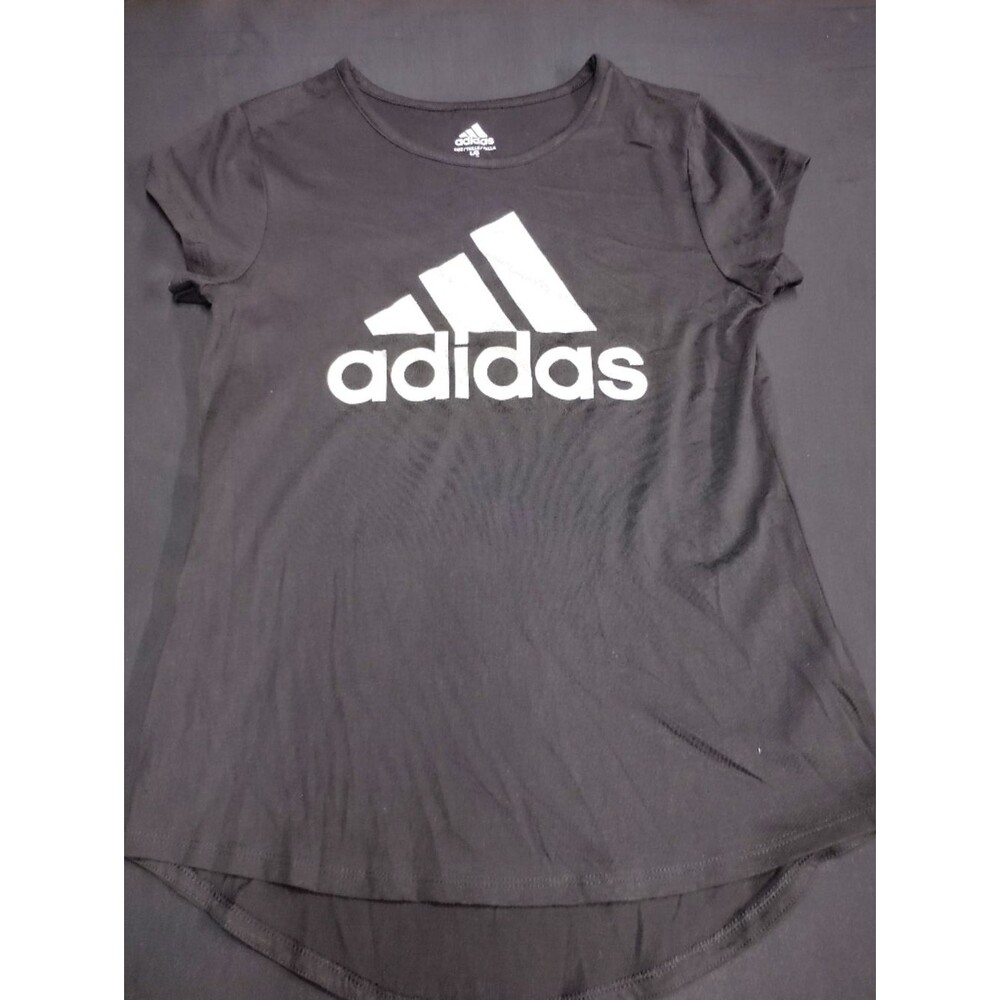 Adidas Black Curved Hem Short Sleeve Tee with Sparkly Silver White Logo